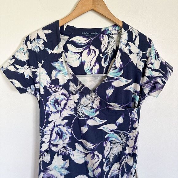 Soft Surroundings Shapely Anywhere Faux Wrap Dress Blue Floral Ruching - Picture 4 of 9